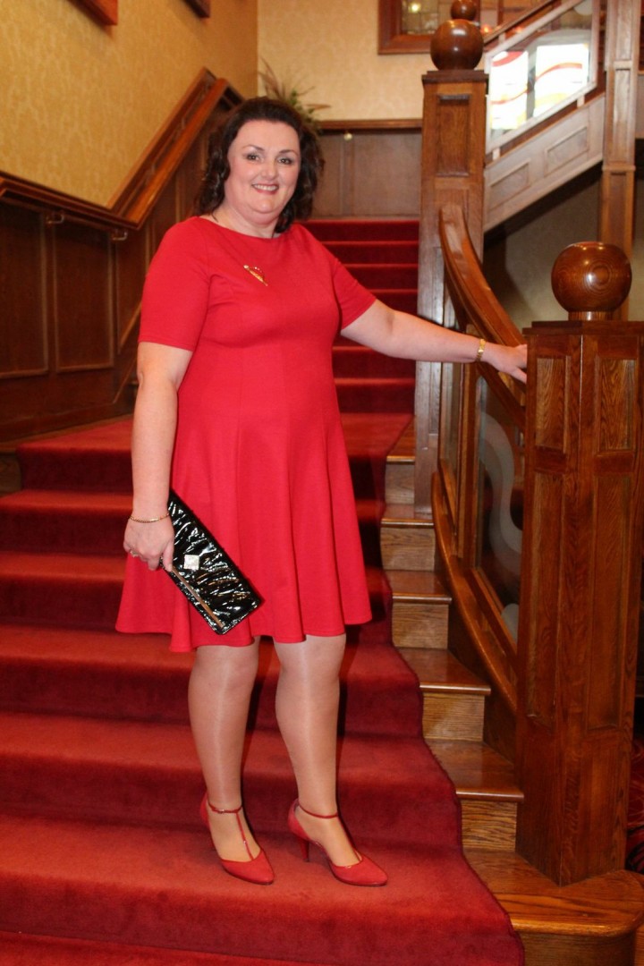 diane marshall, plus size model, in red skater dress